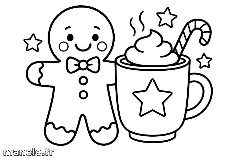 Coloriage de bonhomme pain d'épices et chocolat chaud