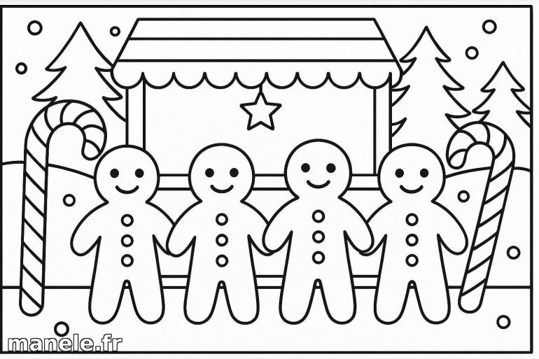 Coloriage de bonshommes en pain d'épices de Noël